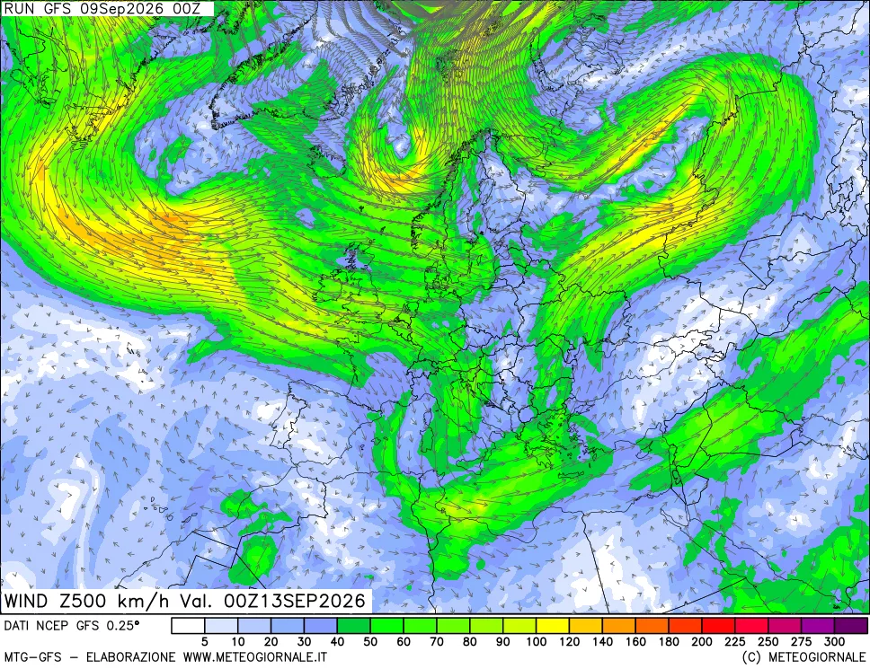 mappa 500 hPa Vento forza e direzione