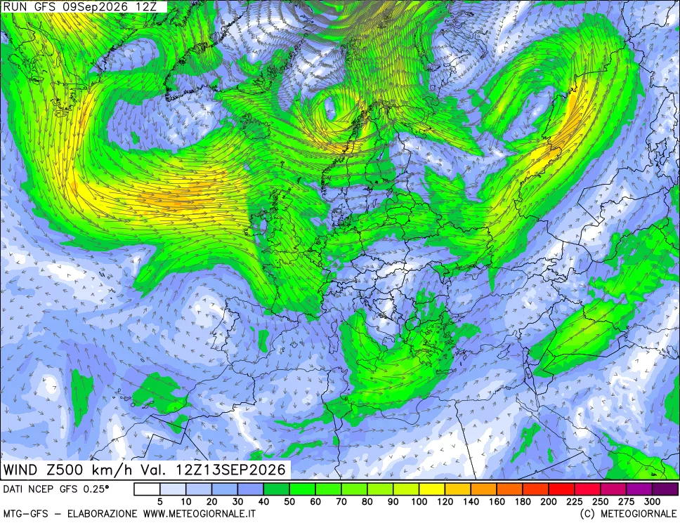 mappa 500 hPa Vento forza e direzione