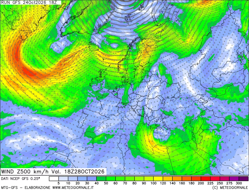 mappa 500 hPa Vento forza e direzione