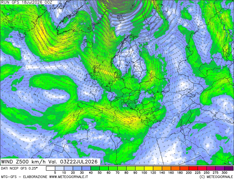 mappa 500 hPa Vento forza e direzione