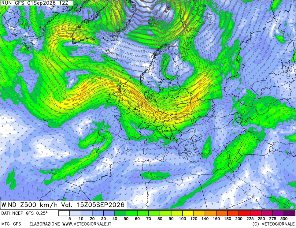 mappa 500 hPa Vento forza e direzione