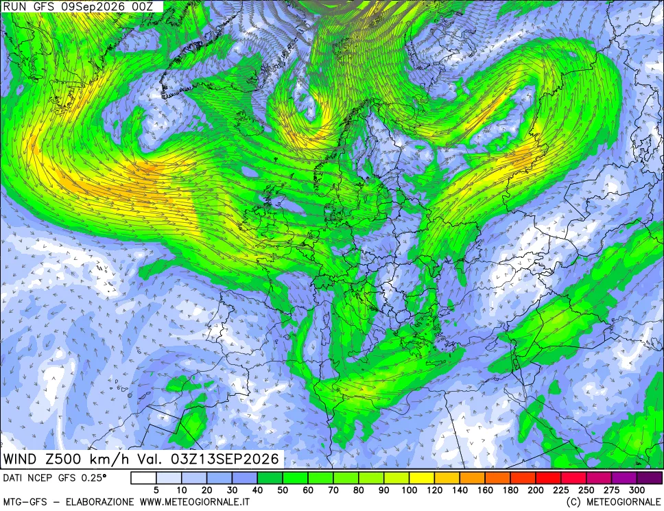 mappa 500 hPa Vento forza e direzione