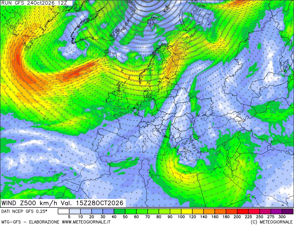 mappa 500 hPa Vento forza e direzione