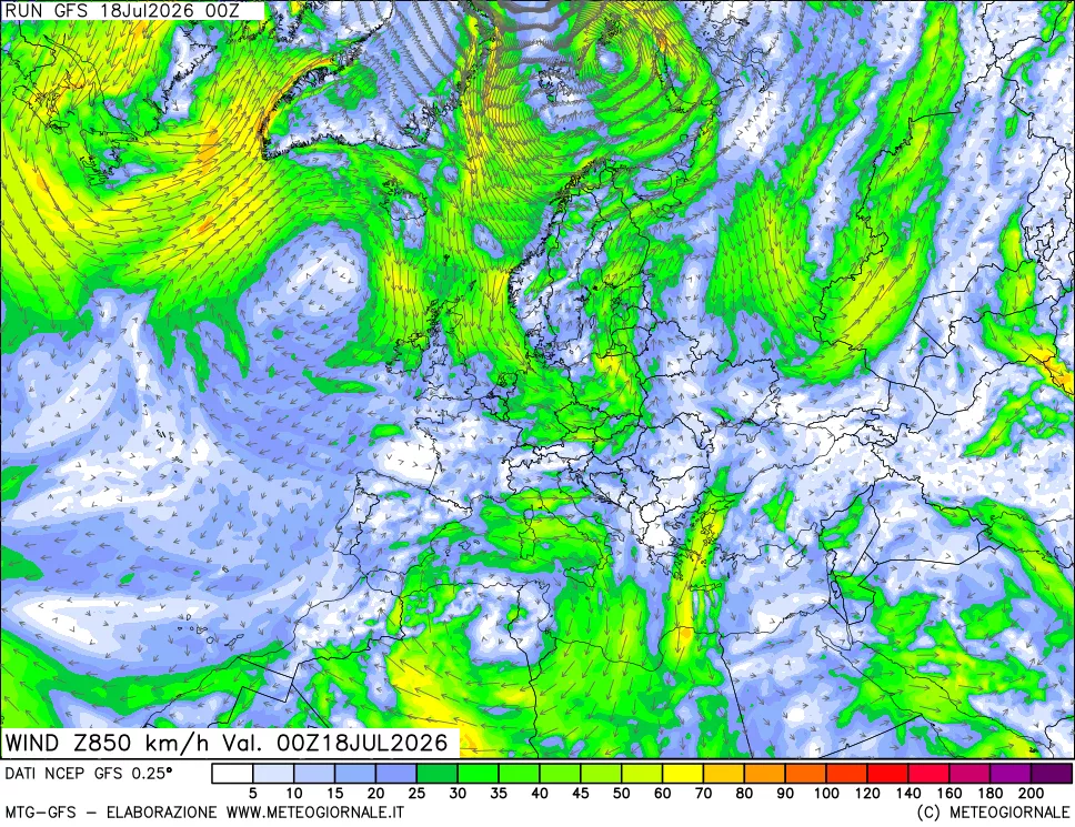 mappa 850 hPa Vento forza e direzione