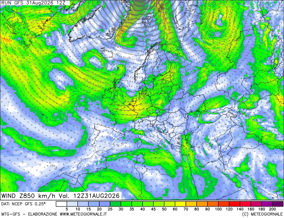 mappa 850 hPa Vento forza e direzione