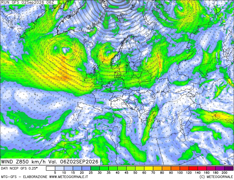 mappa 850 hPa Vento forza e direzione