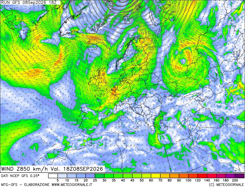 mappa 850 hPa Vento forza e direzione