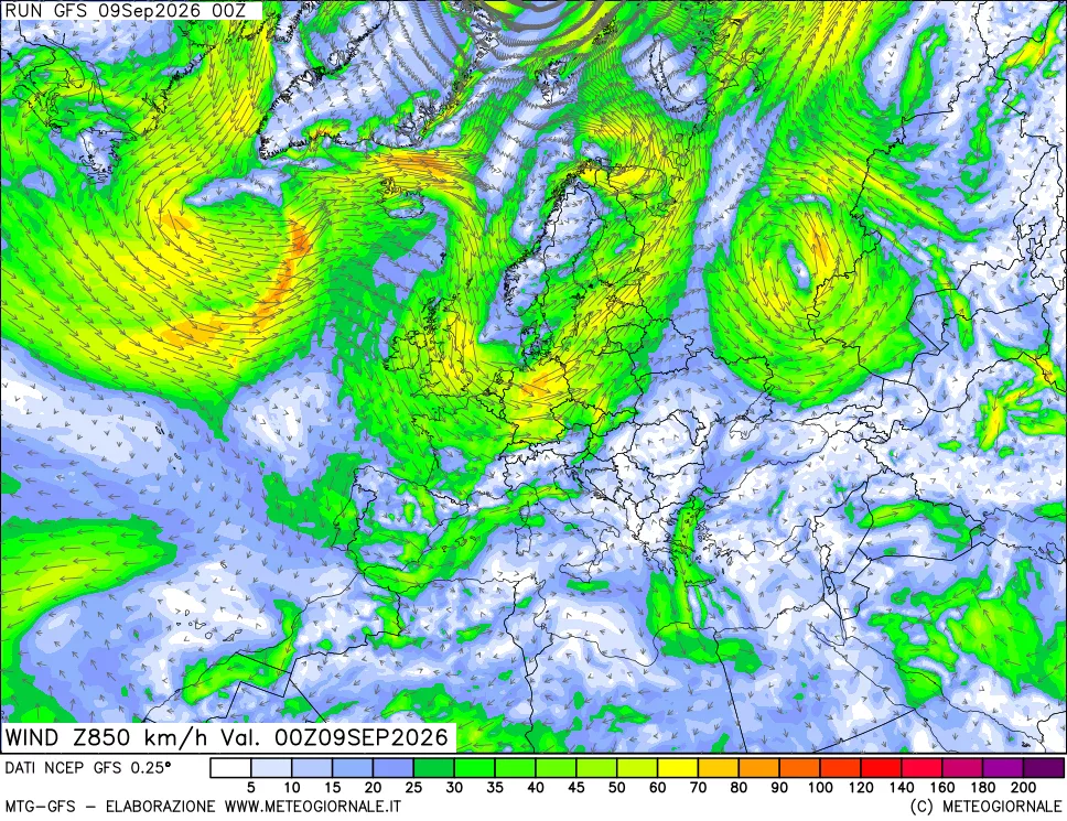 mappa 850 hPa Vento forza e direzione