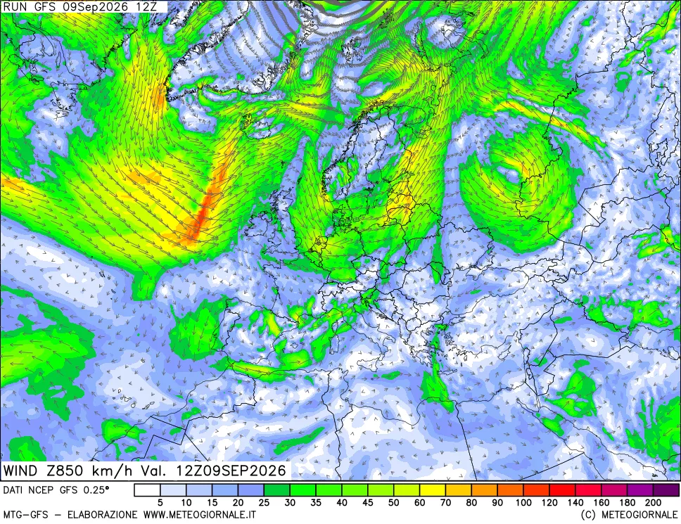 mappa 850 hPa Vento forza e direzione