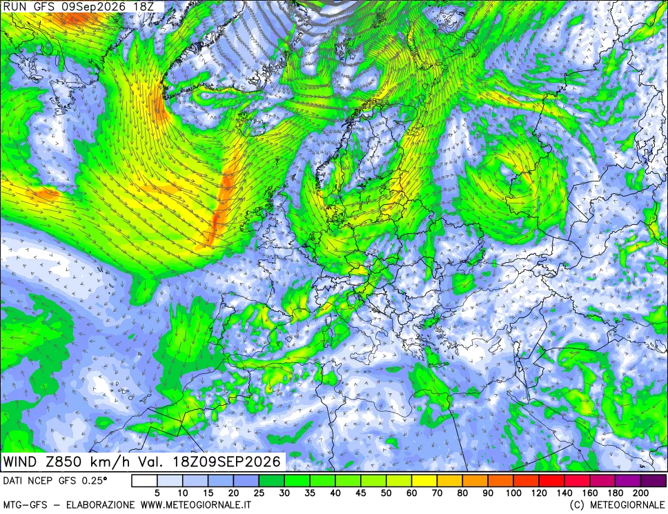 mappa 850 hPa Vento forza e direzione