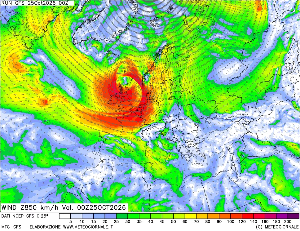 mappa 850 hPa Vento forza e direzione