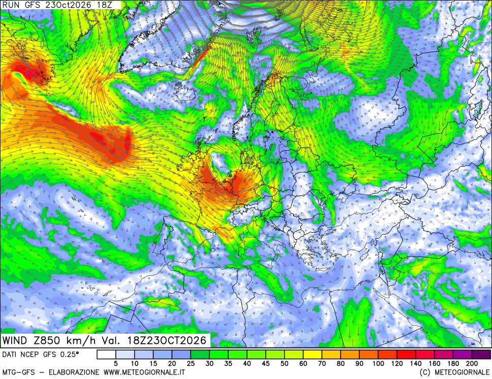 mappa 850 hPa Vento forza e direzione