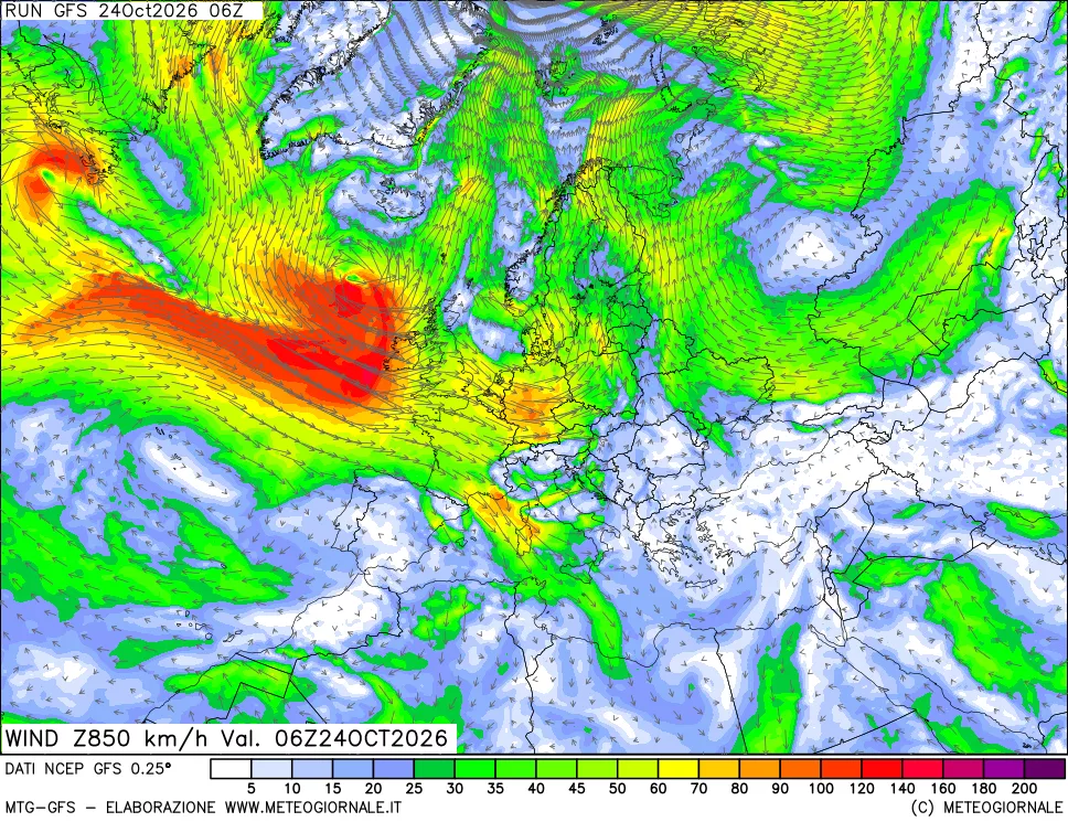 mappa 850 hPa Vento forza e direzione