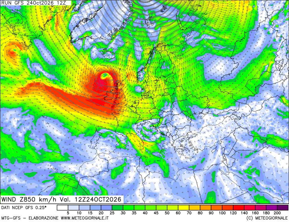 mappa 850 hPa Vento forza e direzione