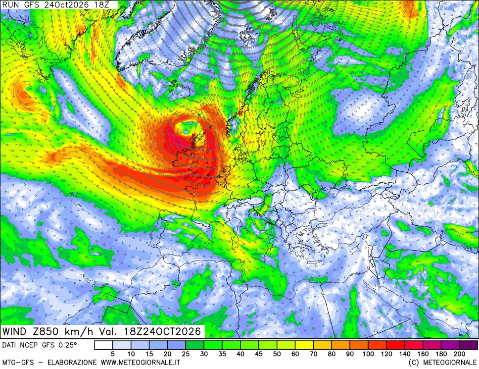 mappa 850 hPa Vento forza e direzione