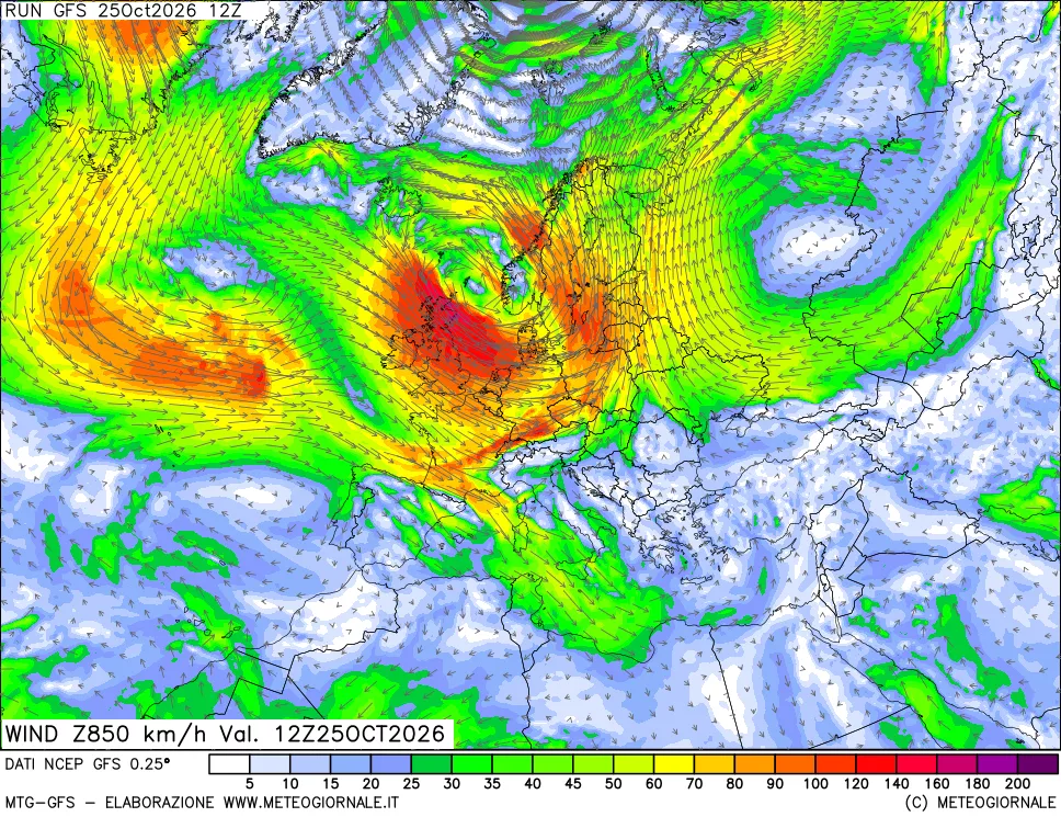 mappa 850 hPa Vento forza e direzione