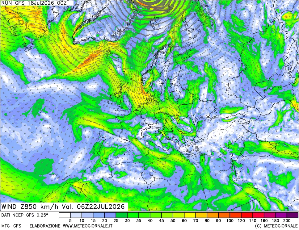 mappa 850 hPa Vento forza e direzione