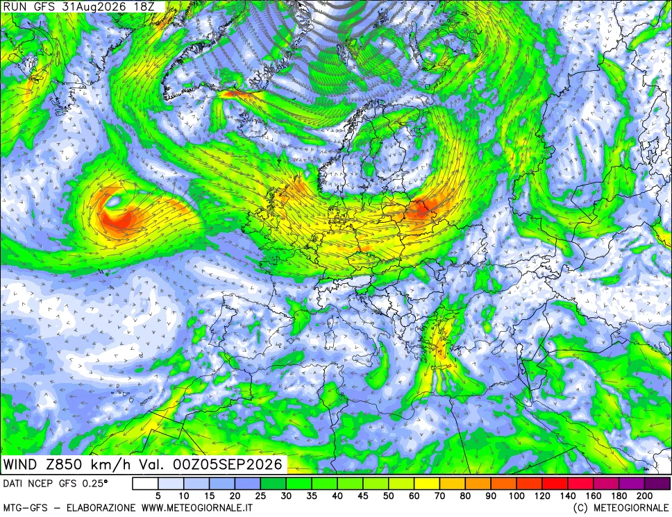 mappa 850 hPa Vento forza e direzione