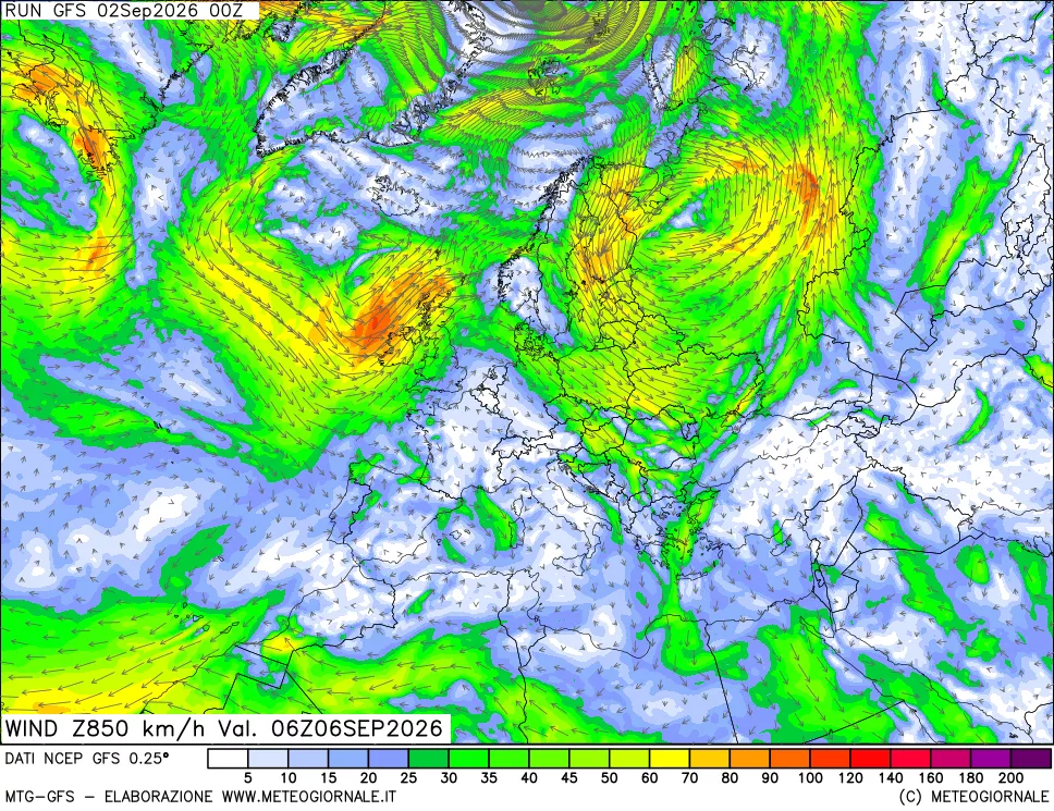mappa 850 hPa Vento forza e direzione