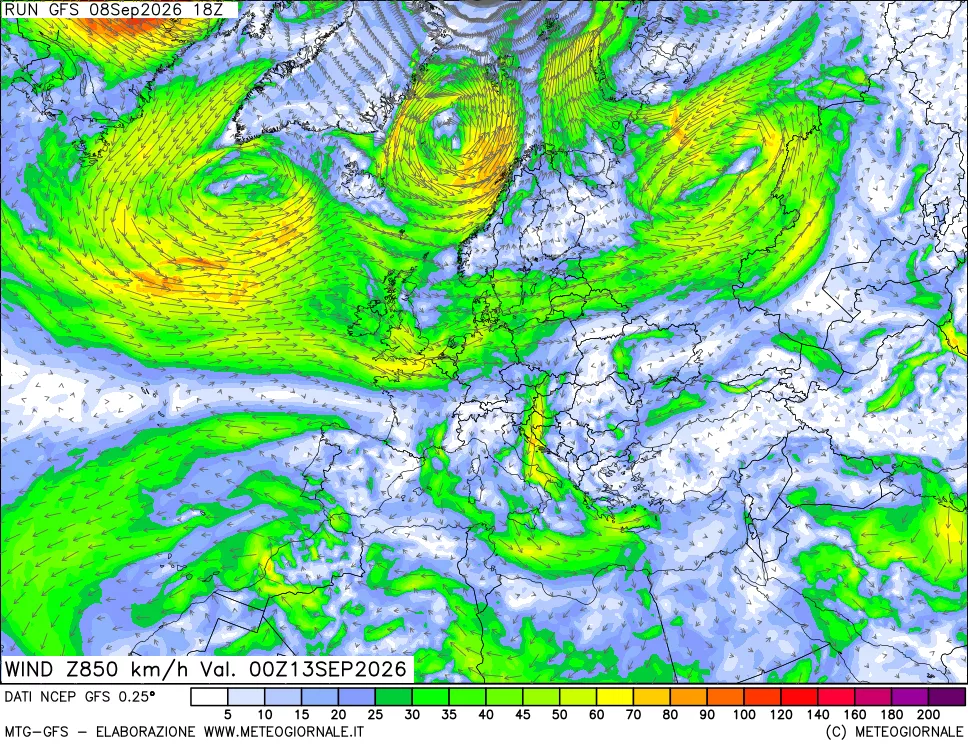 mappa 850 hPa Vento forza e direzione
