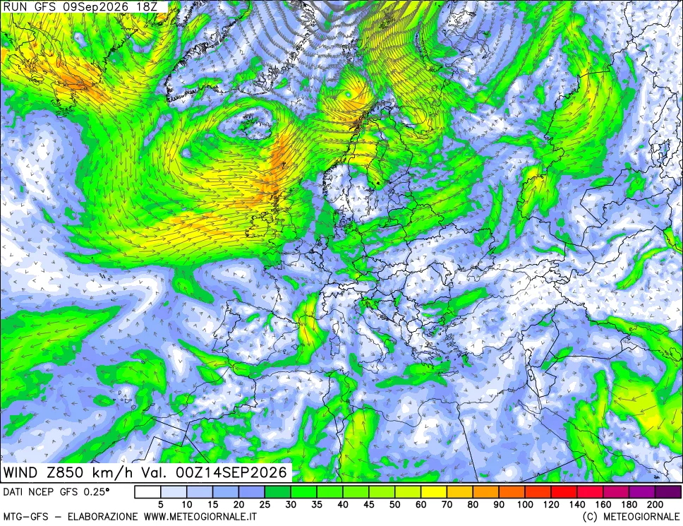 mappa 850 hPa Vento forza e direzione