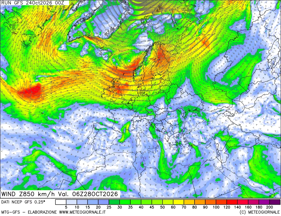 mappa 850 hPa Vento forza e direzione