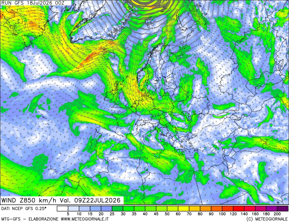 mappa 850 hPa Vento forza e direzione