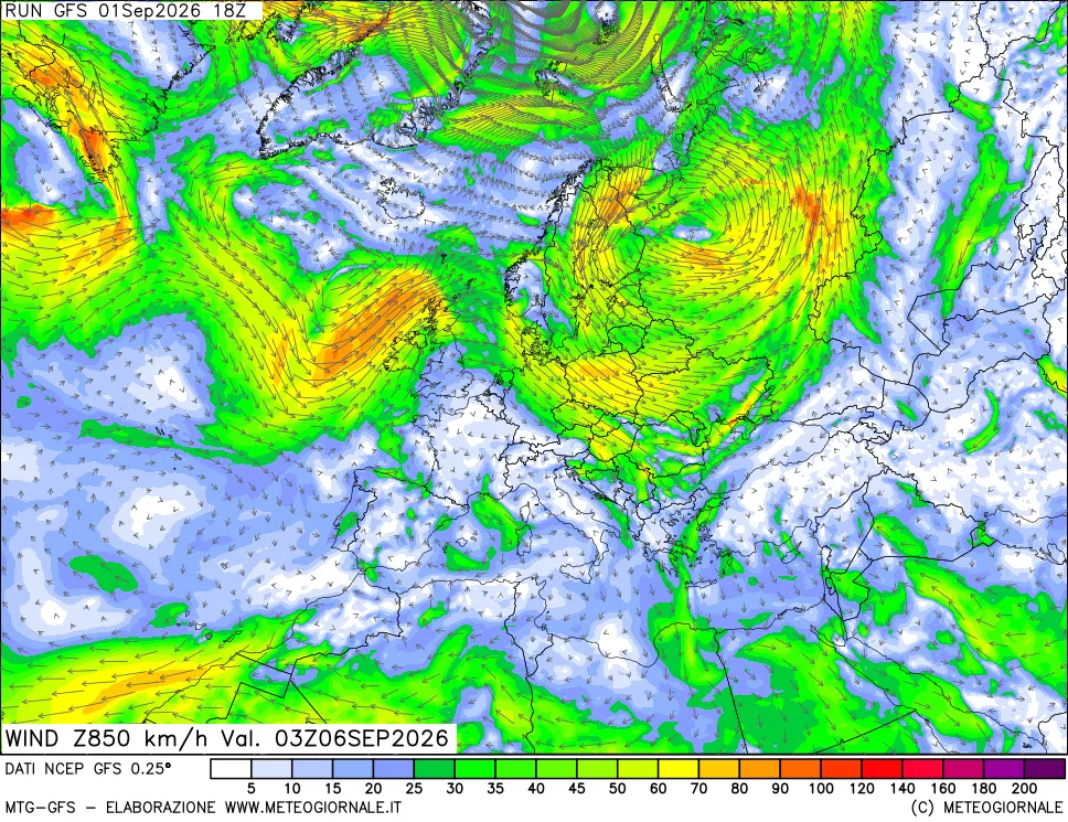 mappa 850 hPa Vento forza e direzione