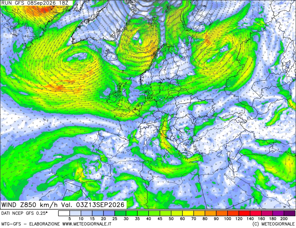 mappa 850 hPa Vento forza e direzione