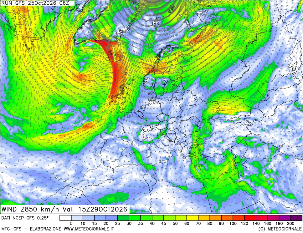 mappa 850 hPa Vento forza e direzione