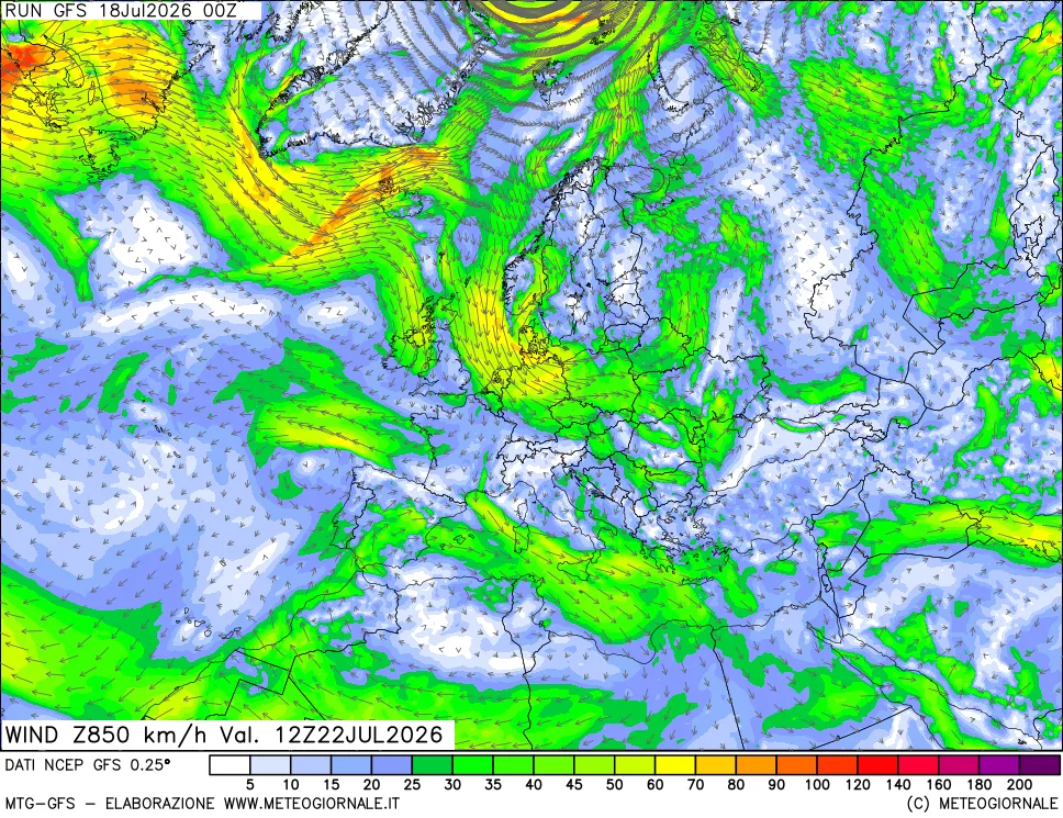 mappa 850 hPa Vento forza e direzione