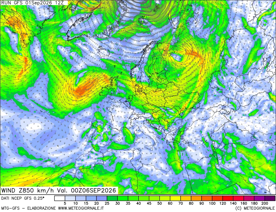 mappa 850 hPa Vento forza e direzione