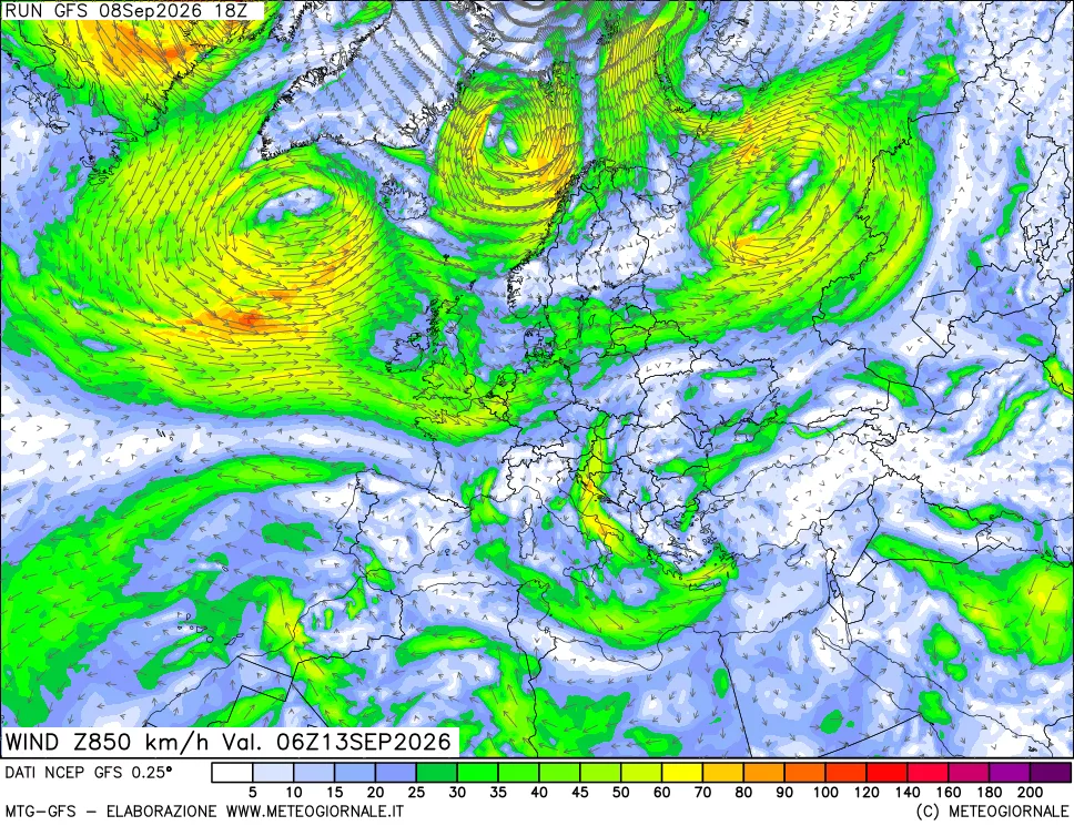 mappa 850 hPa Vento forza e direzione