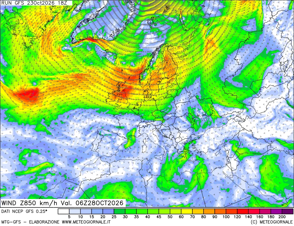 mappa 850 hPa Vento forza e direzione
