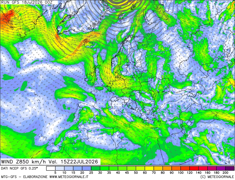 mappa 850 hPa Vento forza e direzione