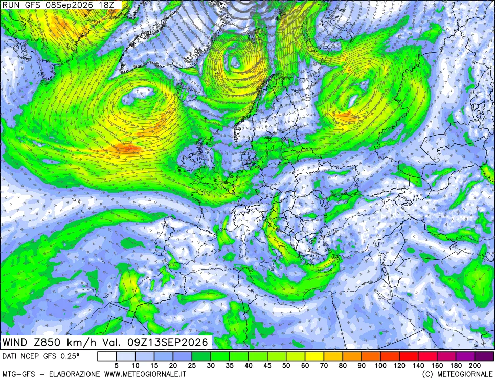 mappa 850 hPa Vento forza e direzione