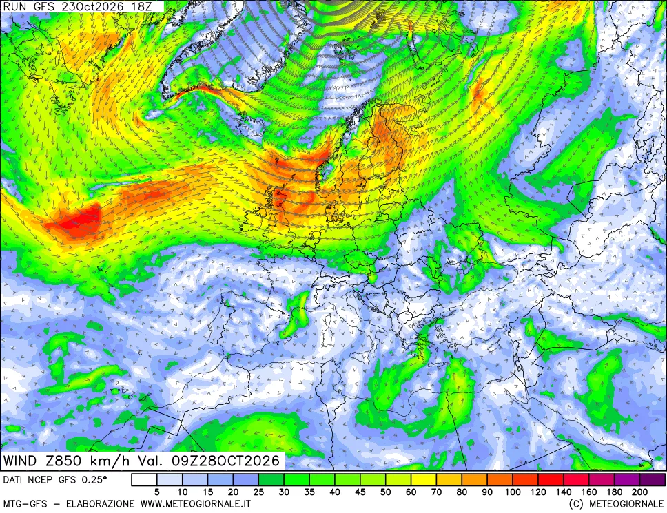 mappa 850 hPa Vento forza e direzione