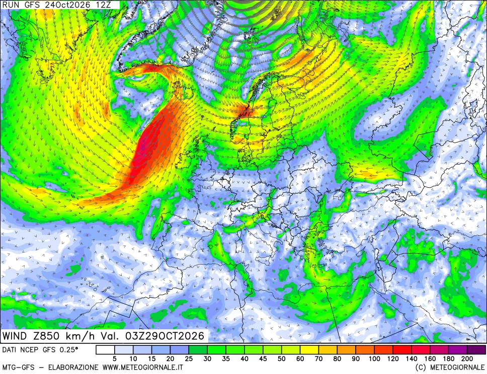 mappa 850 hPa Vento forza e direzione