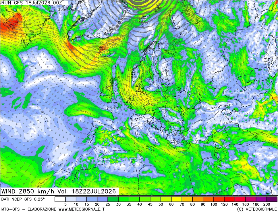 mappa 850 hPa Vento forza e direzione