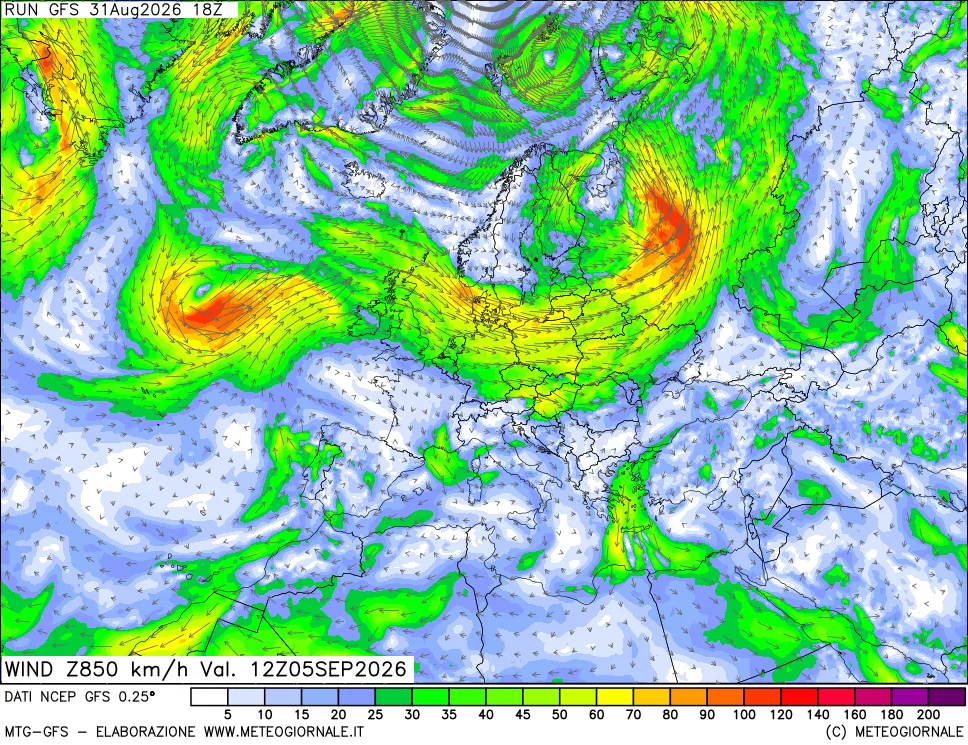 mappa 850 hPa Vento forza e direzione