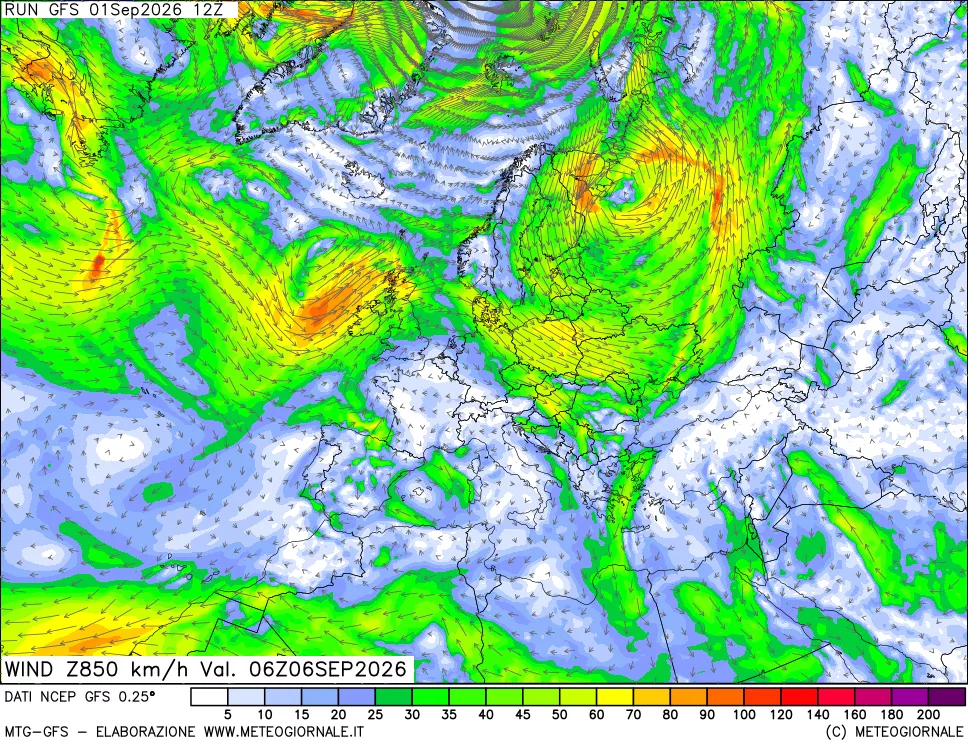 mappa 850 hPa Vento forza e direzione