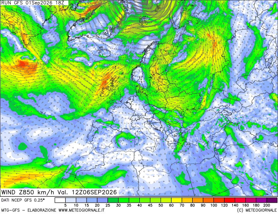 mappa 850 hPa Vento forza e direzione