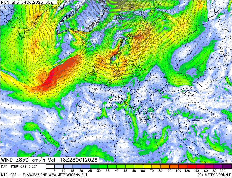 mappa 850 hPa Vento forza e direzione