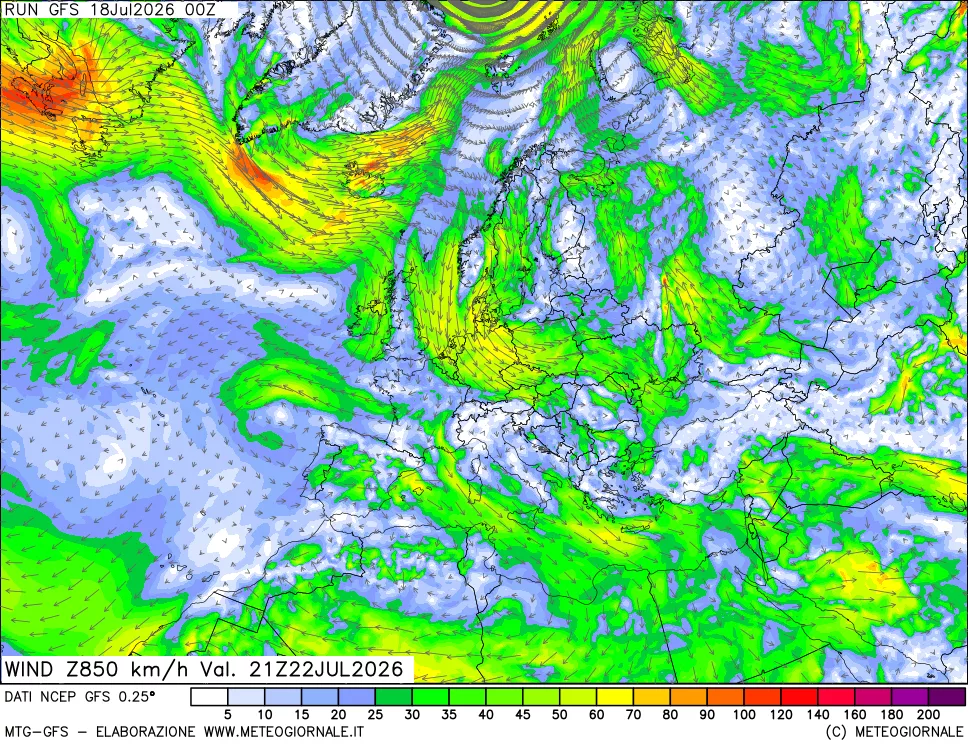 mappa 850 hPa Vento forza e direzione
