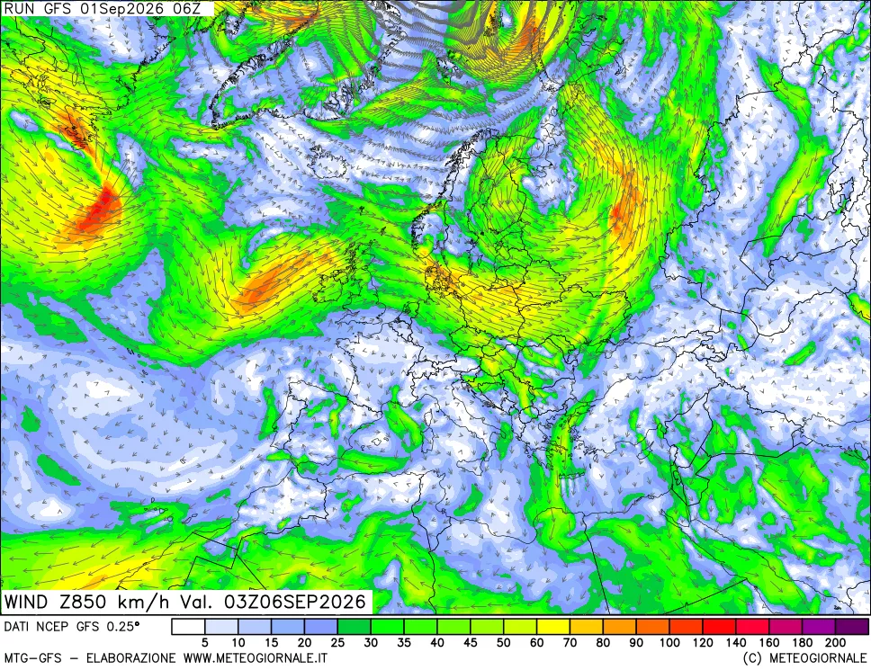 mappa 850 hPa Vento forza e direzione