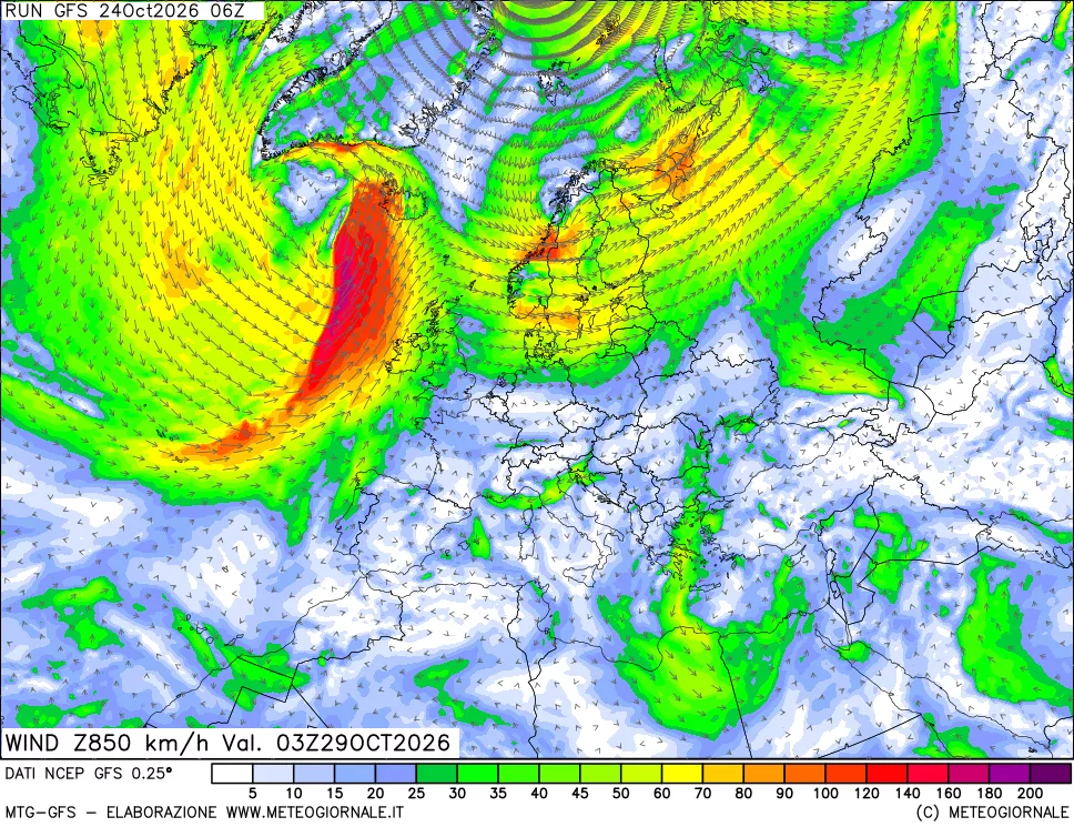 mappa 850 hPa Vento forza e direzione