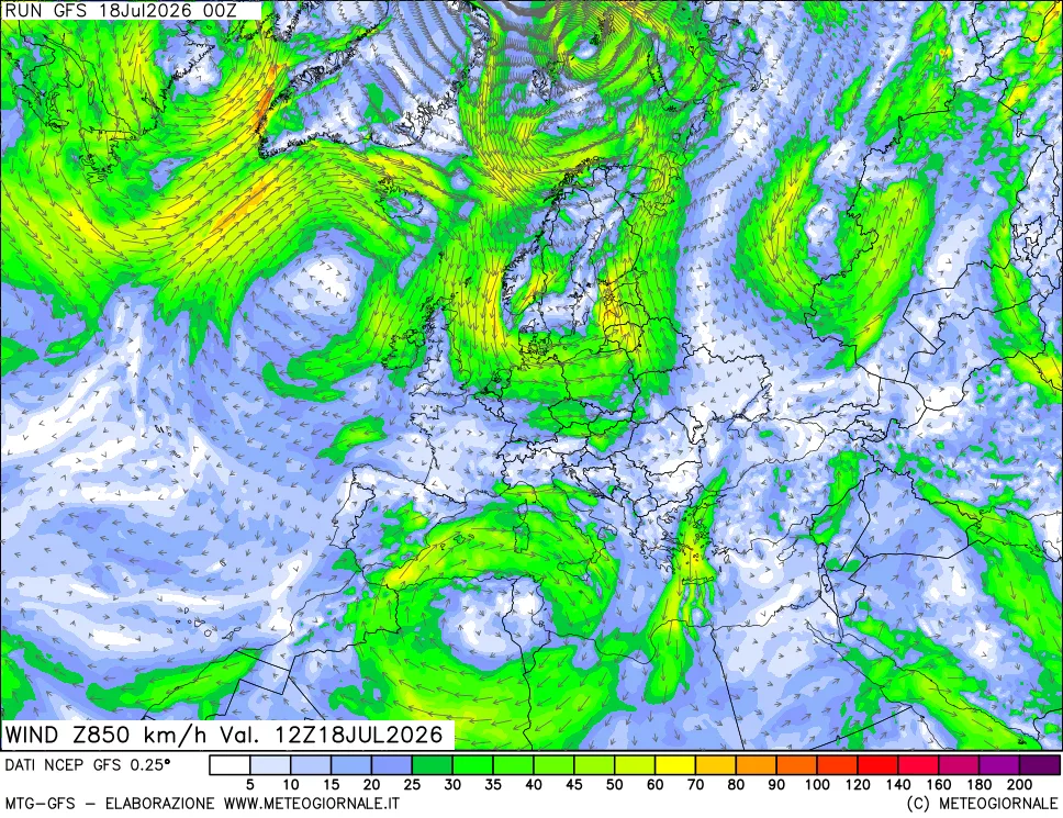 mappa 850 hPa Vento forza e direzione