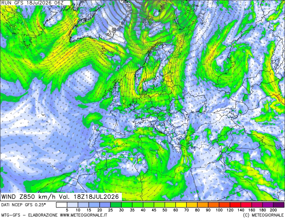 mappa 850 hPa Vento forza e direzione