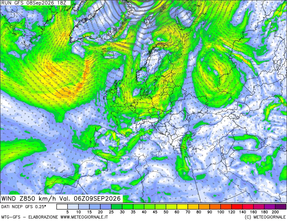 mappa 850 hPa Vento forza e direzione