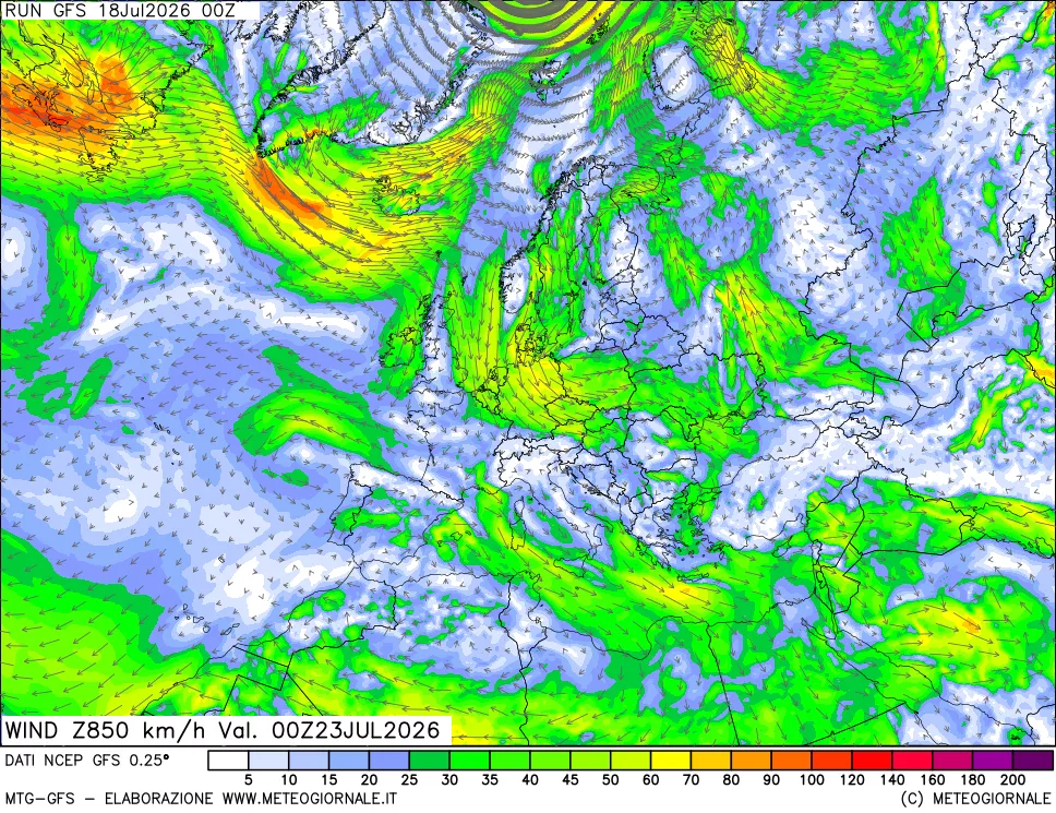 mappa 850 hPa Vento forza e direzione